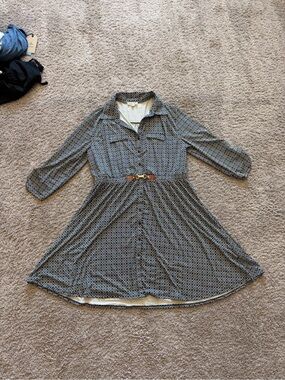 Geometric Print Collared Shirt Dress with Belt